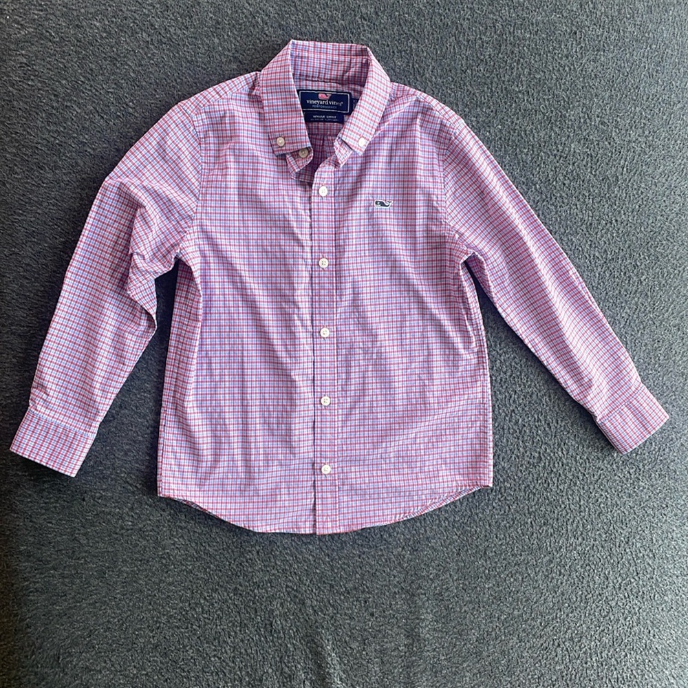 Vineyard Vines red, white, and blue gingham performance whale shirt size 5